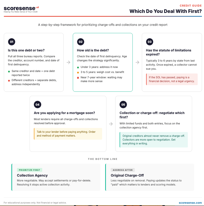 A five-step horizontal flowchart from ScoreSense titled 'Which Do You Deal With First?' showing a prioritization framework for charge-offs and collections. Step 1: Determine if it is one debt or two by comparing bureau reports. Step 2: Check the age of the debt and how close it is to the seven-year removal window. Step 3: Determine whether the statute of limitations has expired. Step 4: Consider whether a mortgage application is coming soon. Step 5: Negotiate with the collection agency before the original charge-off creditor. A bottom summary recommends prioritizing the collection agency first and addressing the original charge-off after.