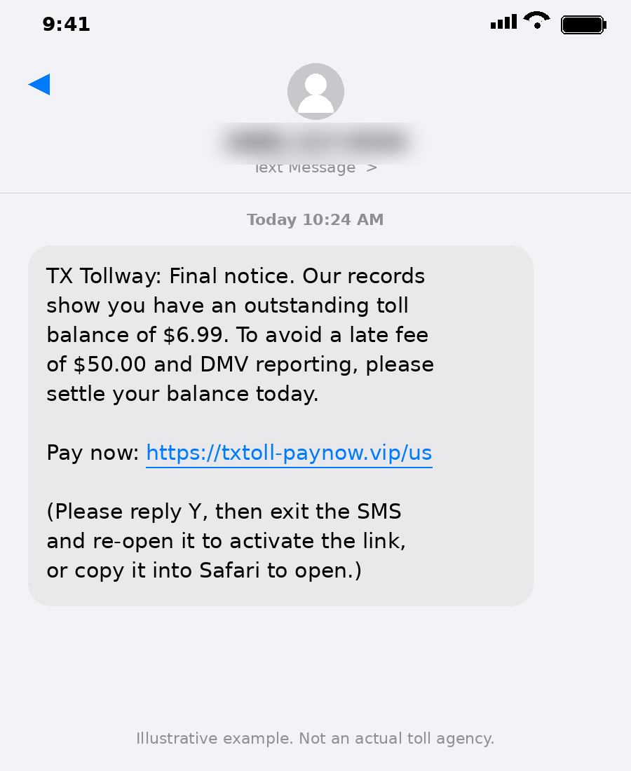 Example of a smishing toll scam text message on an iPhone, showing a fake unpaid toll notice from a spoofed sender with a suspicious payment link.