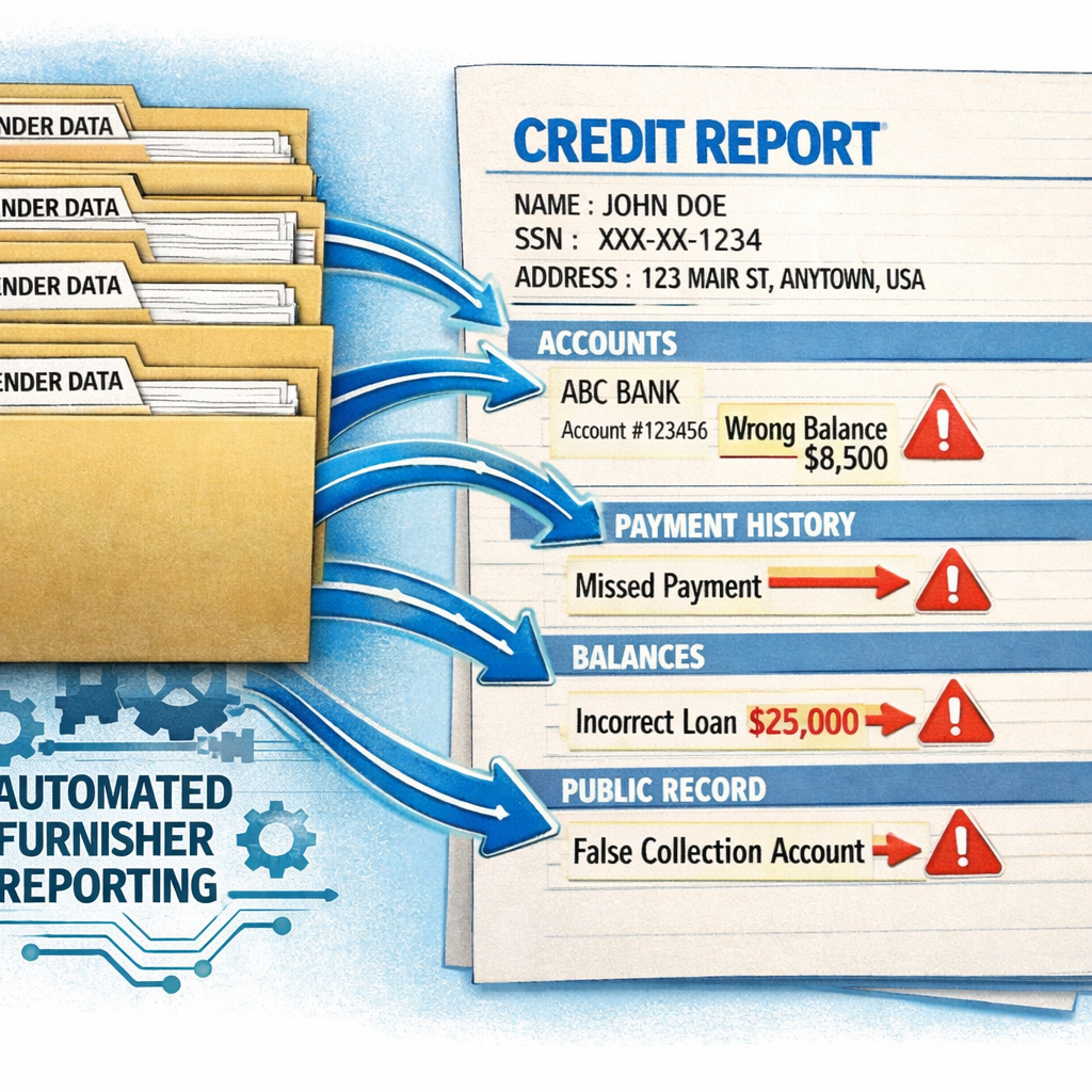 Illustration of a credit report page with several entries flagged by red error markers, with arrows tracing data flowing from a stack of unmarked lender folders into the report, representing how errors enter the credit reporting system through automated furnisher reporting.
