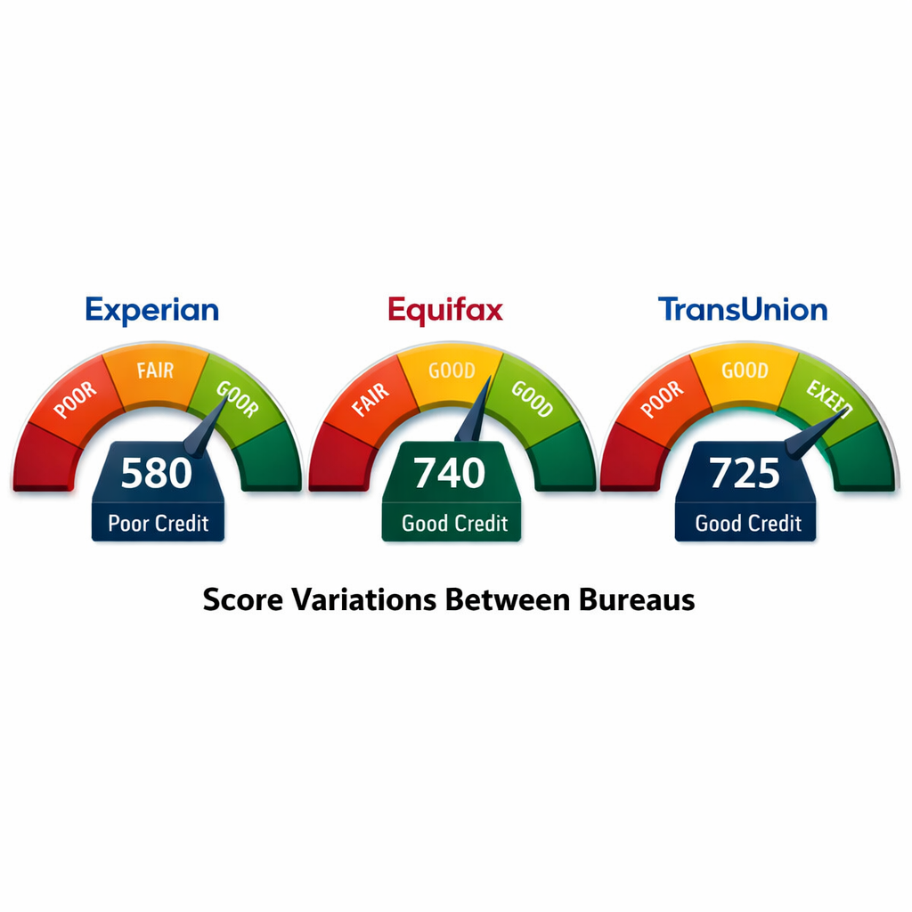 Three side-by-side credit score gauges showing one score visibly lower than the other two, illustrating how credit bureau data differences create score gaps.