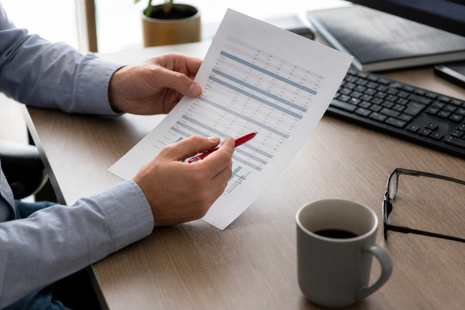 Person reviewing a printed credit report line by line with a red pen to spot errors.