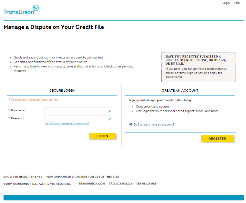 TransUnion Credit Dispute Page